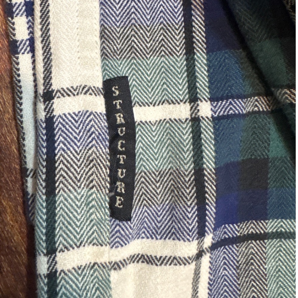 Structure Mens Large Green Blue Plaid Flannel Button Down Shirt Cotton Vintage - Picture 9 of 11